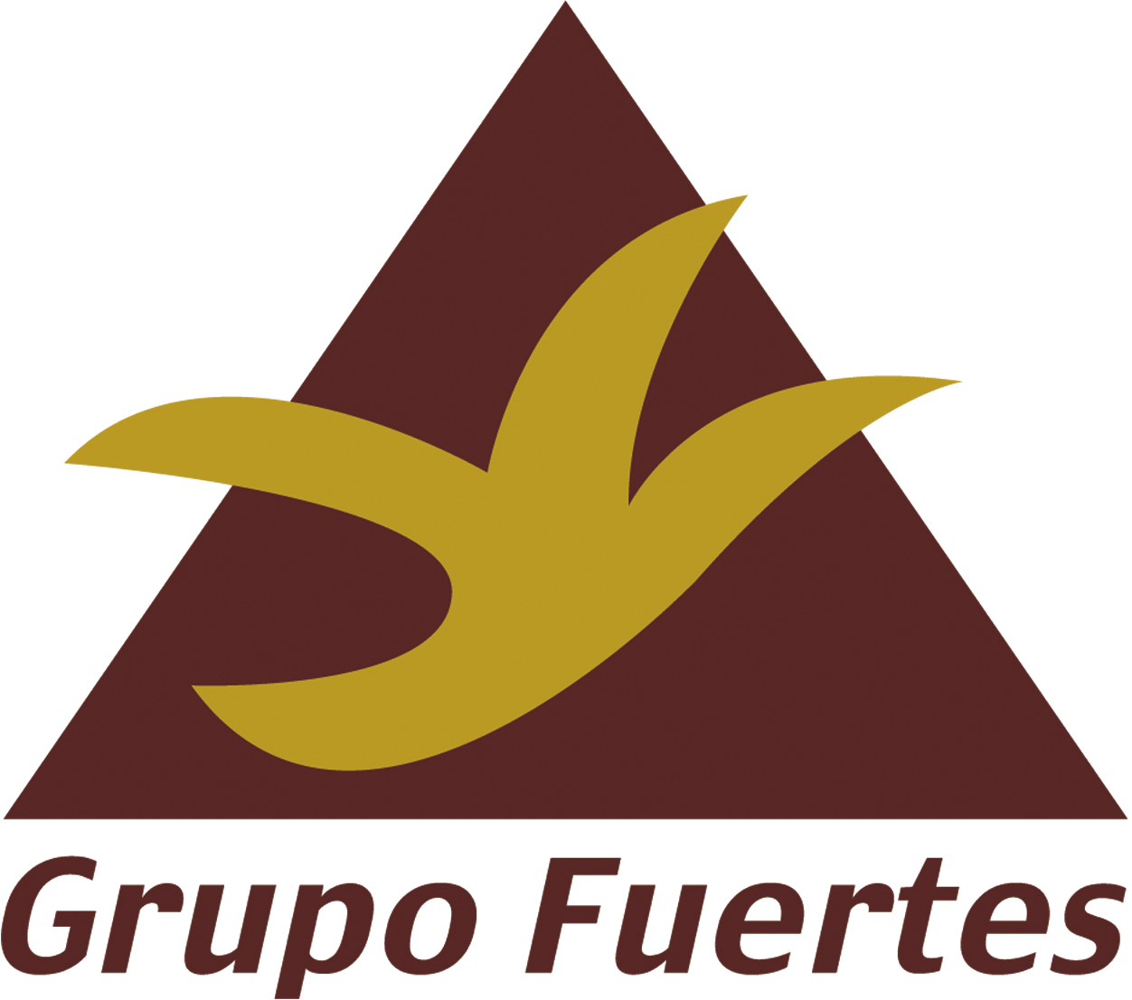 Logotipo de Grupo Fuertes con triángulo marrón y pájaro estilizado amarillo junto al texto Grupo Fuertes.