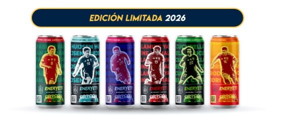 Latas de bebida energética edición limitada 2026 con diseños de jugadores de fútbol en colores distintos.