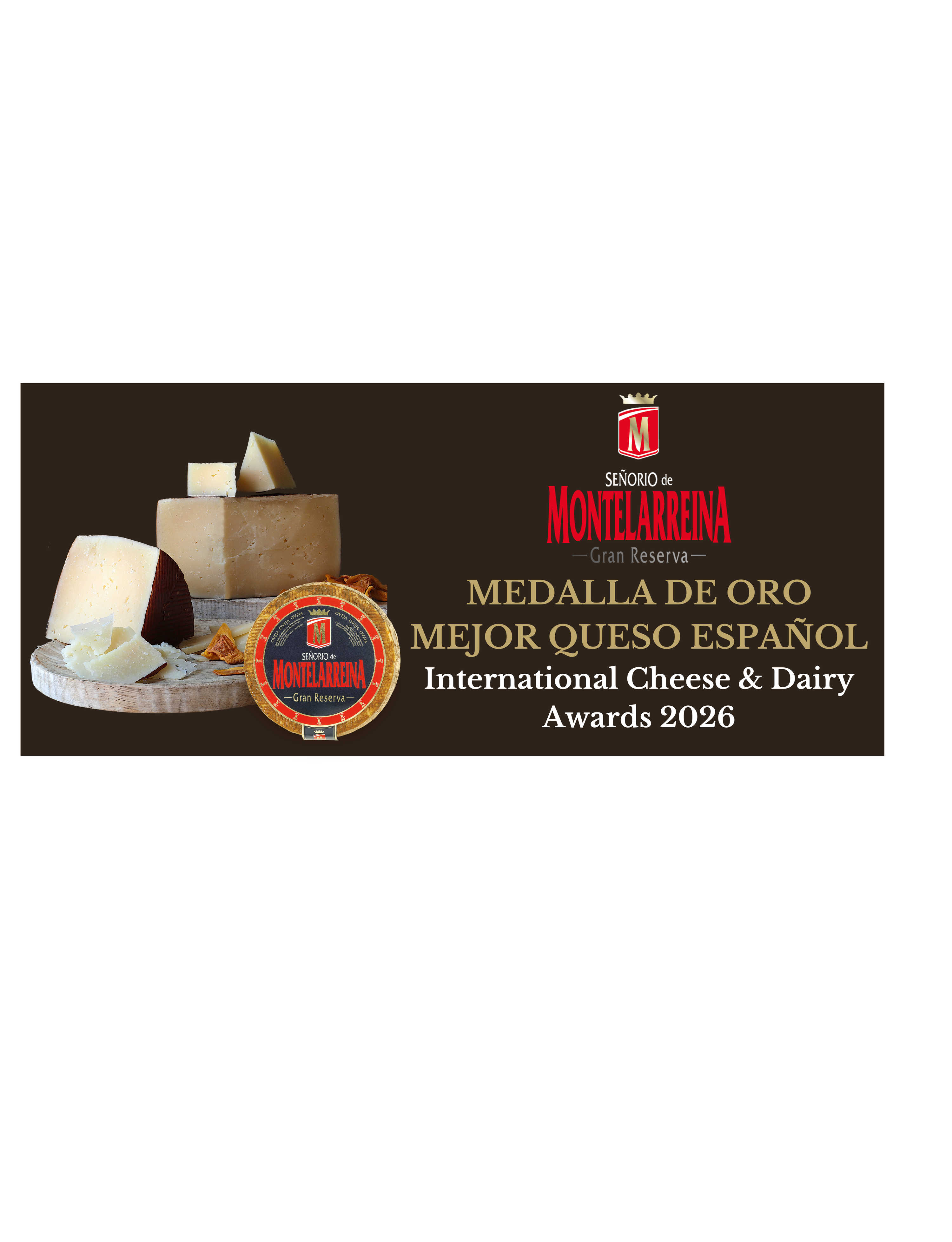 Tabla con distintos quesos y sello Montelarreina, medalla de oro al Mejor Queso Español en los Premios Internacionales de Que