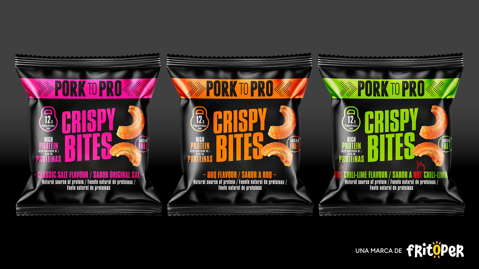 Bolsa de snacks Pork to Pro con tres paquetes de bocaditos crujientes: sal clásico, barbacoa y chile-lima; logo fritoper.